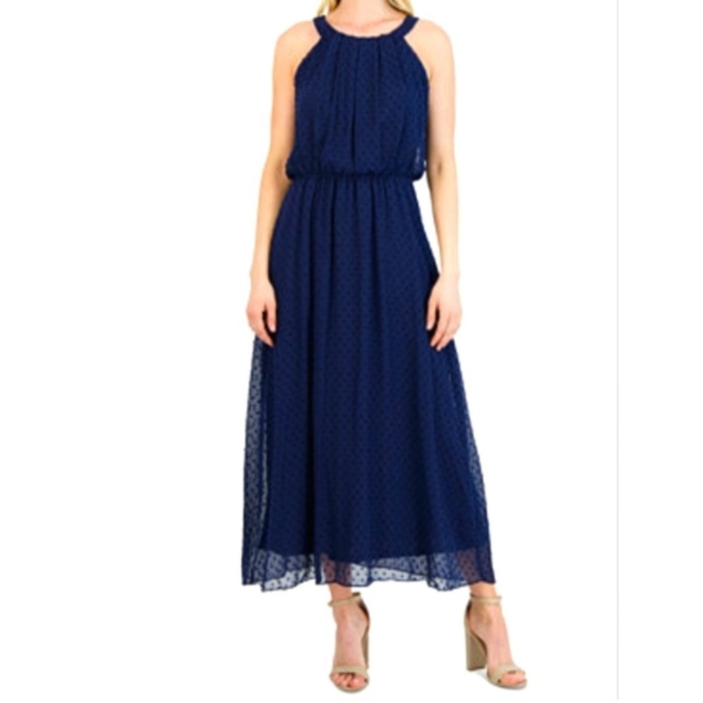 Signature by Robbie Bee Navy Blue Swiss Dot Halter Maxi Dress 8P NWT